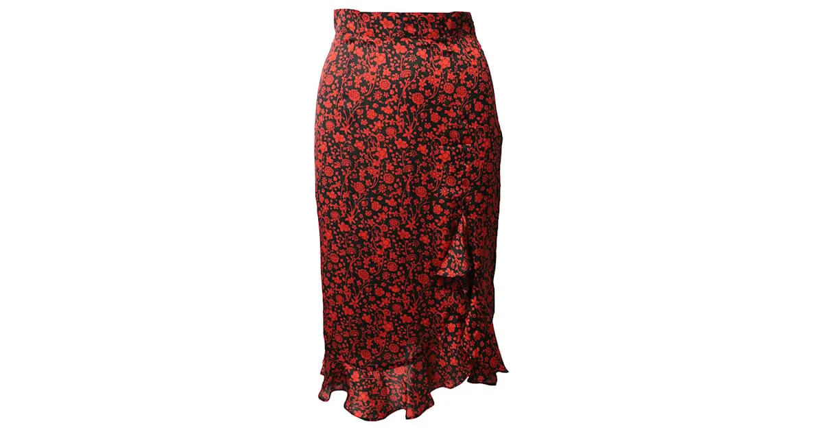 Falda drapeada asimétrica floral Maje en seda roja 