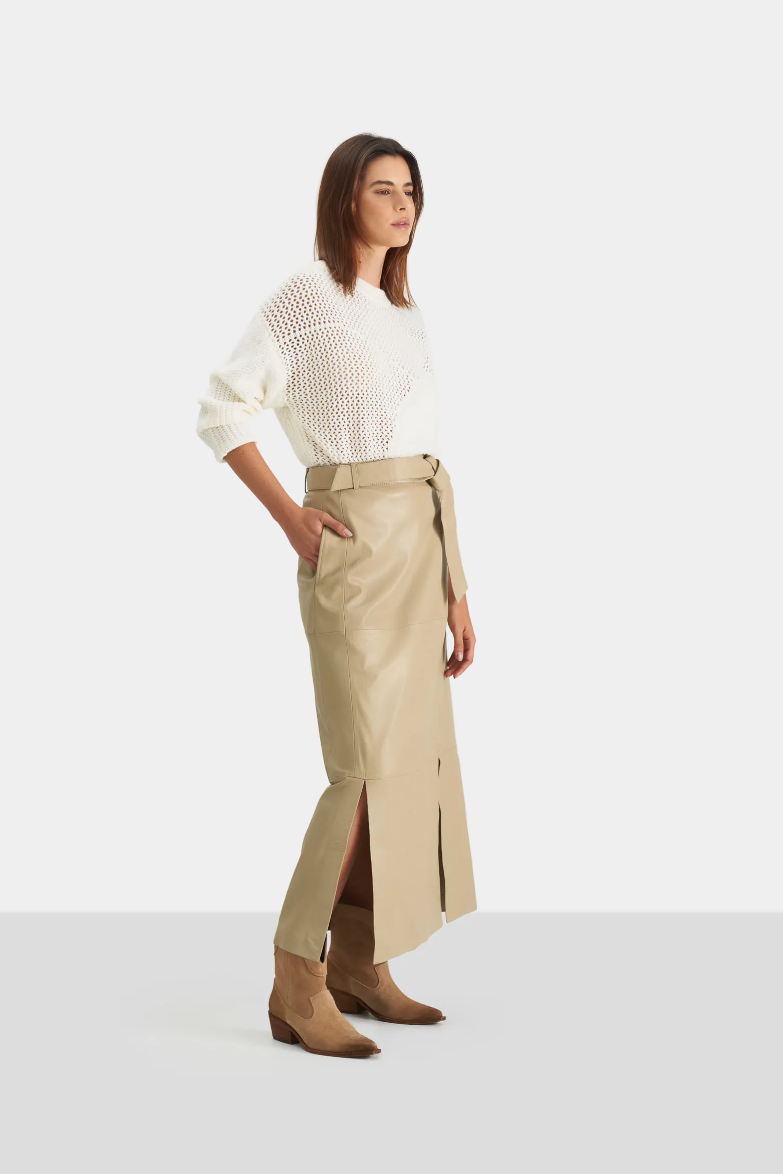 Falda maxi arándano de cuero para mujer tiro alto