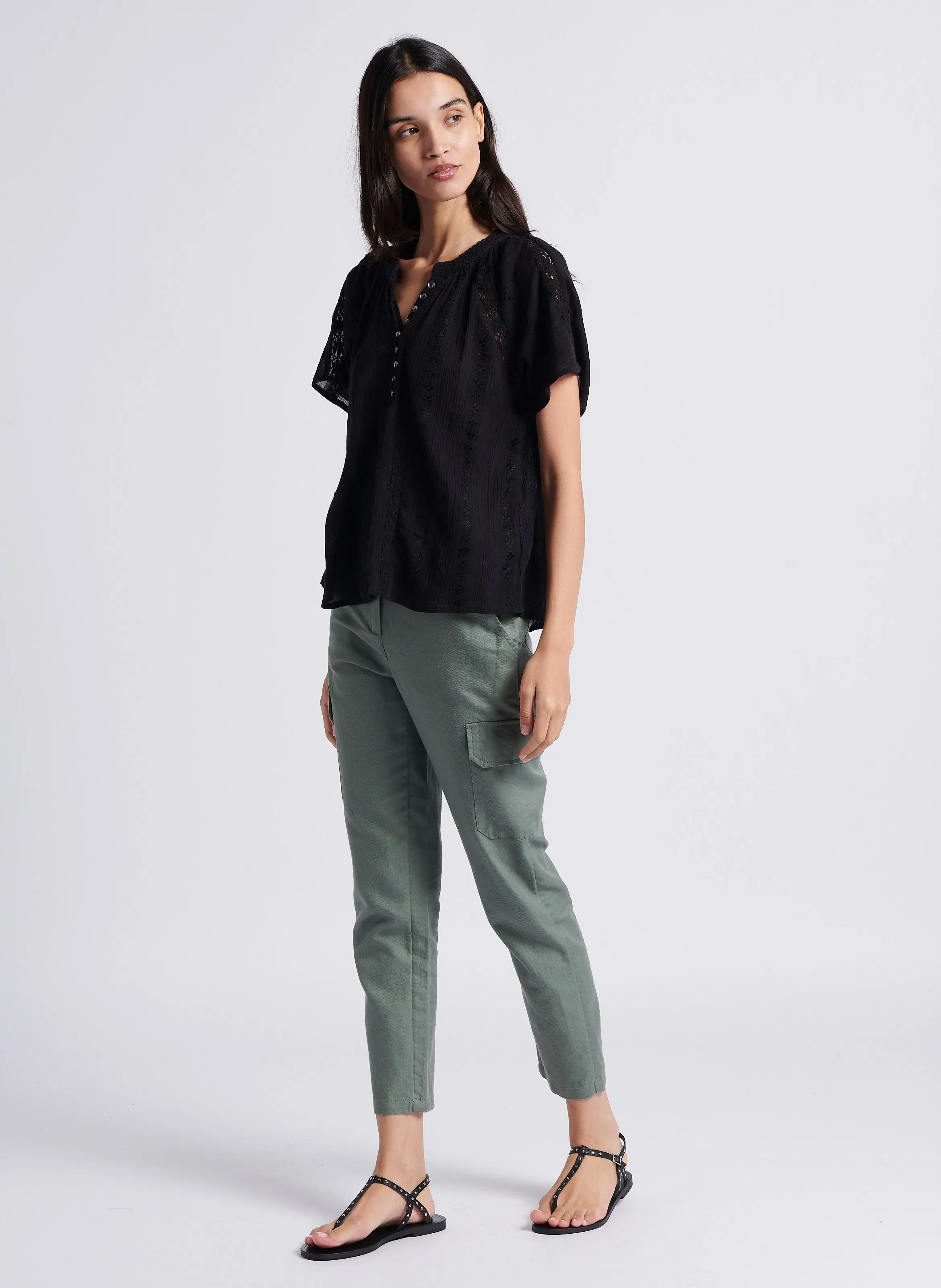 MAISON 123 PACO - Pantalón cargo de algodón y lino mezclado en verde