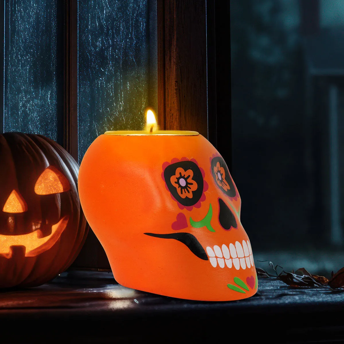Portavela con Diseo de Calavera de Dulce color Naranja